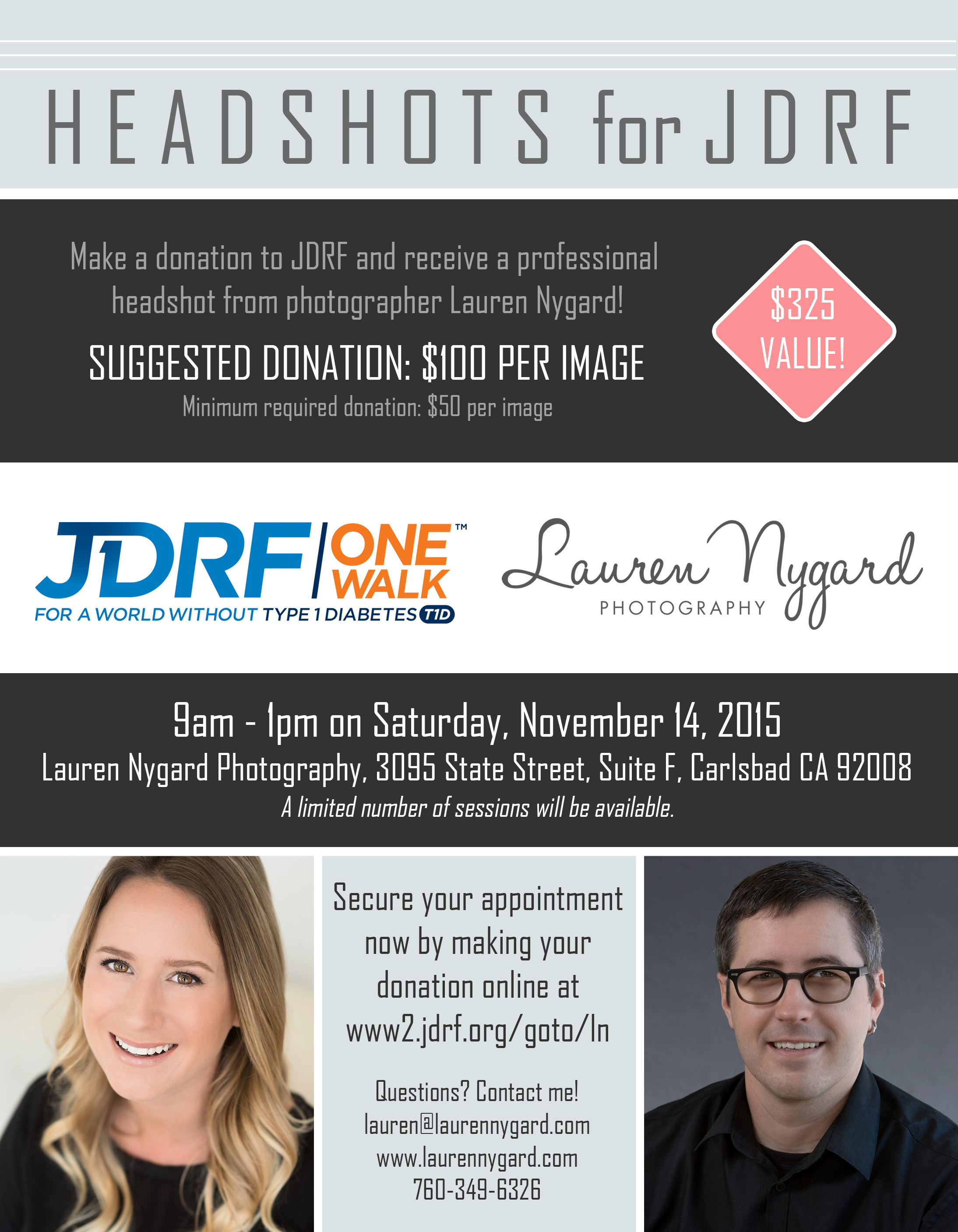 Headshot Fundraiser in Carlsbad Village to benefit JDRF and Type 1 Diabetes Research from Lauren Nygard